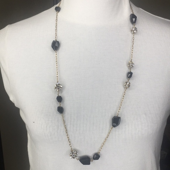 J Crew gold tone chain faceted black rhinestone balls necklace 32" long with bag - Picture 2 of 4